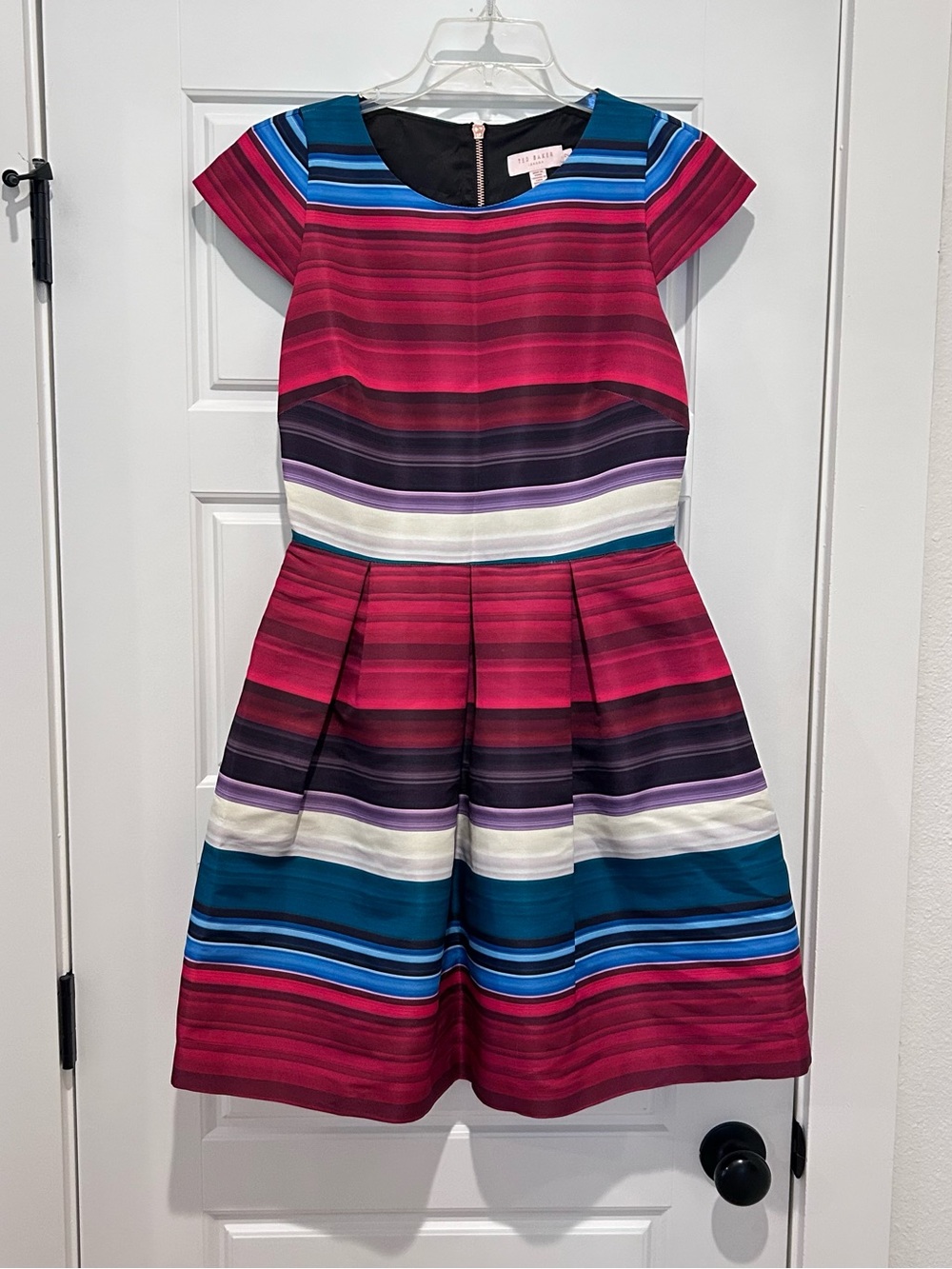 Ted Baker Women’s Striped Fit-and-Flare Dress in Magenta, Teal and White